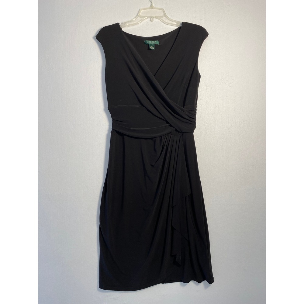 Lauren Ralph Lauren Black Faux Wrap Ruched Cocktail Dress Sleeveless V-Neck Sz 8